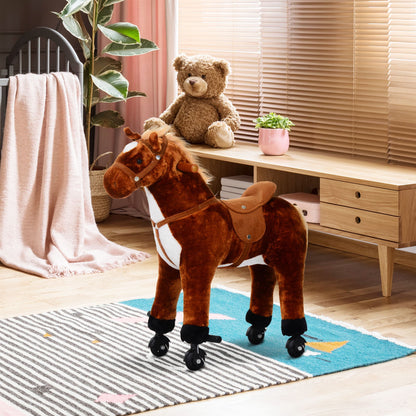 HOMCOM Cavalo de Brinquedo para Crianças de +3 Anos Cavalo de Brinquedo com Rodas Sons e Estrutura de Metal Carga 60kg 65x28x75 cm Castanho