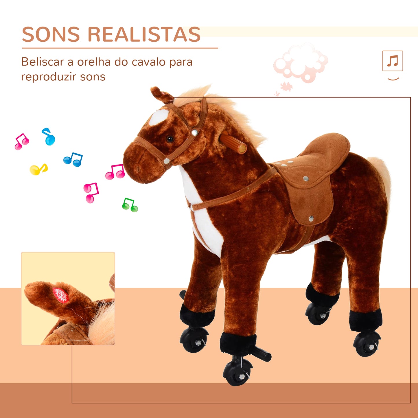 HOMCOM Cavalo de Brinquedo para Crianças de +3 Anos Cavalo de Brinquedo com Rodas Sons e Estrutura de Metal Carga 60kg 65x28x75 cm Castanho