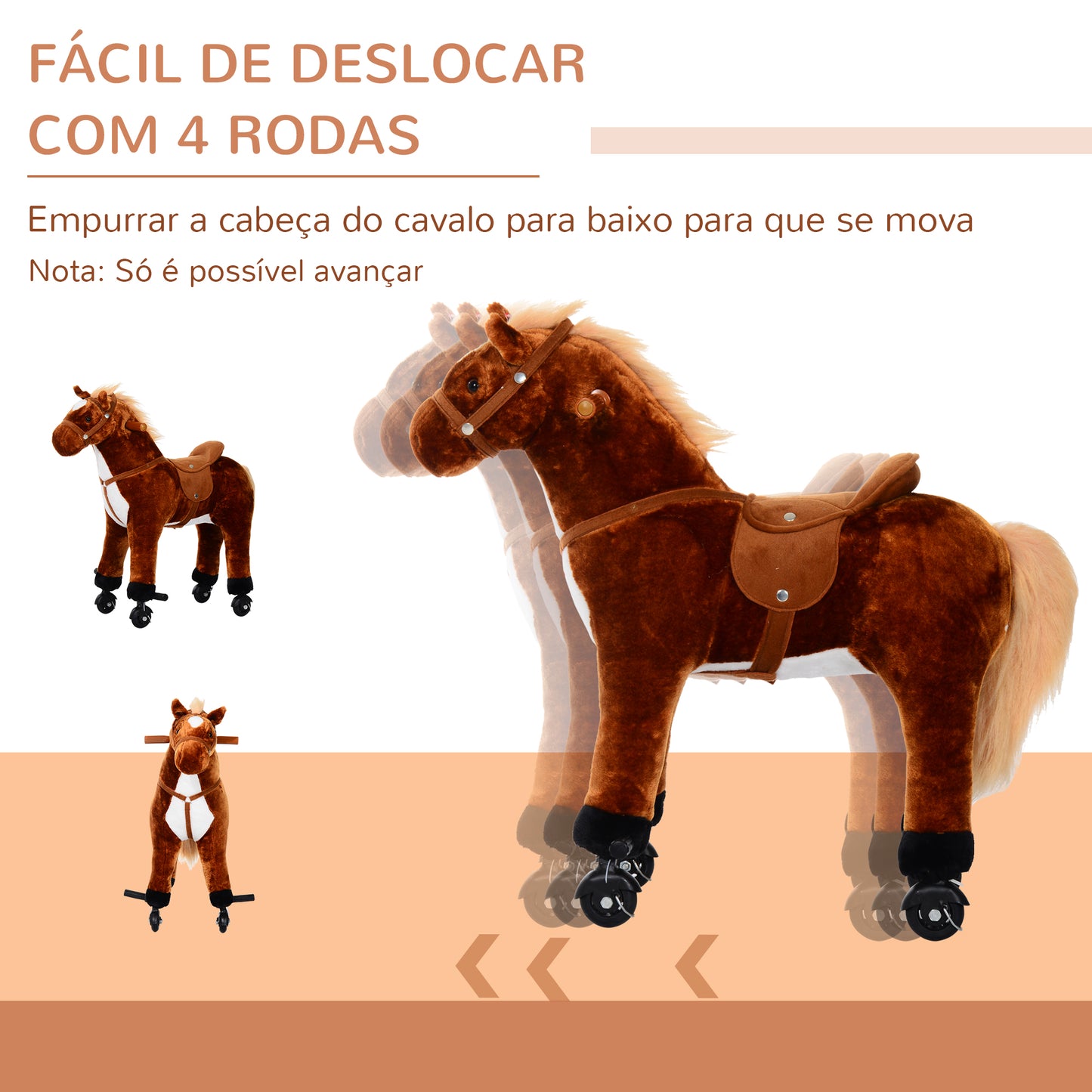 HOMCOM Cavalo de Brinquedo para Crianças de +3 Anos Cavalo de Brinquedo com Rodas Sons e Estrutura de Metal Carga 60kg 65x28x75 cm Castanho