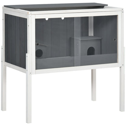 PawHut Gaiola para Hamster de Madeira 82x45x81cm Casa para Roedores com 2 Portas de Acrílico Prateleira Amovível 2 Casas para Animais Pequenos Cinza e Branco