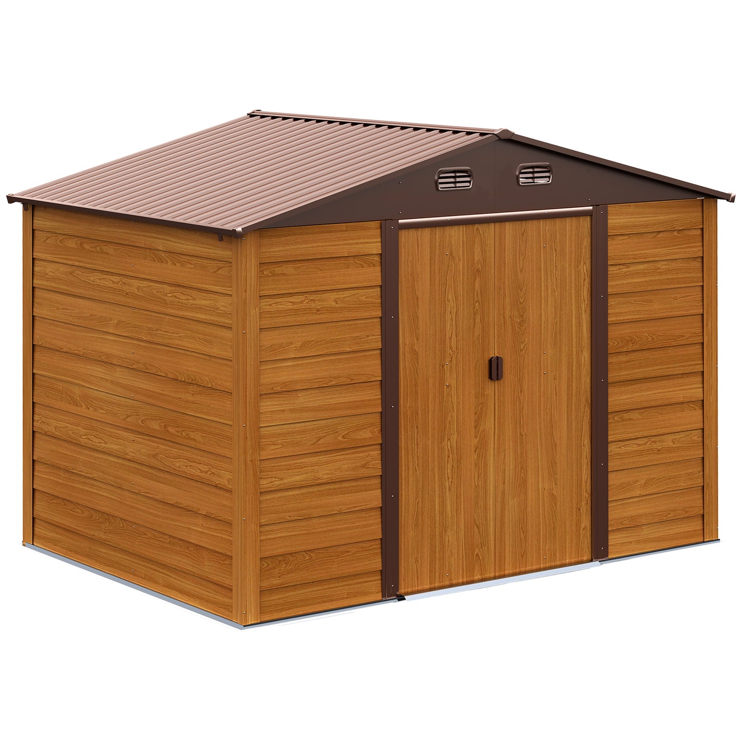 Outsunny Abrigo de Jardim Exterior 5,4 m² 278x195x215 cm Abrigo de Jardim Metálico com 2 Portas de Correr e 4 Janelas de Ventilação para Armazenamento de Ferramentas Madeira e Marrom