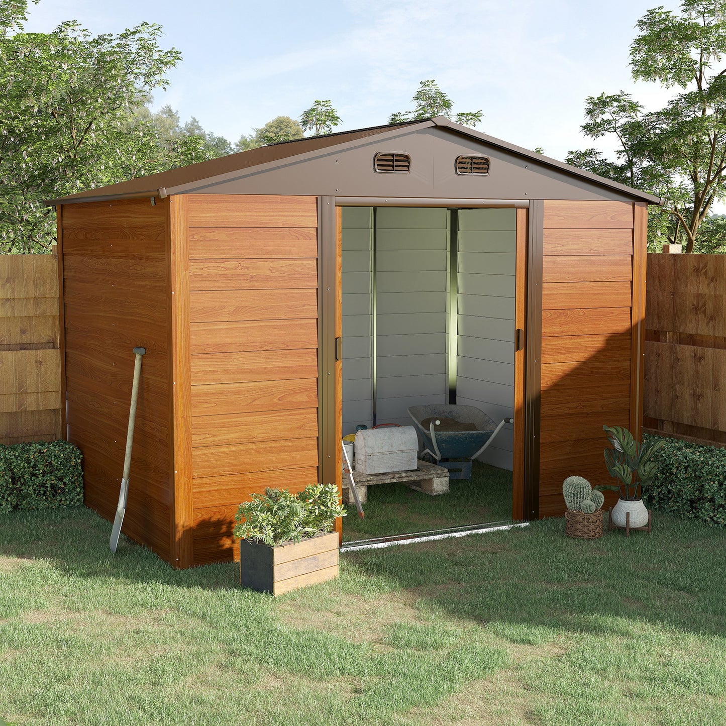 Outsunny Abrigo de Jardim Exterior 5,4 m² 278x195x215 cm Abrigo de Jardim Metálico com 2 Portas de Correr e 4 Janelas de Ventilação para Armazenamento de Ferramentas Madeira e Marrom