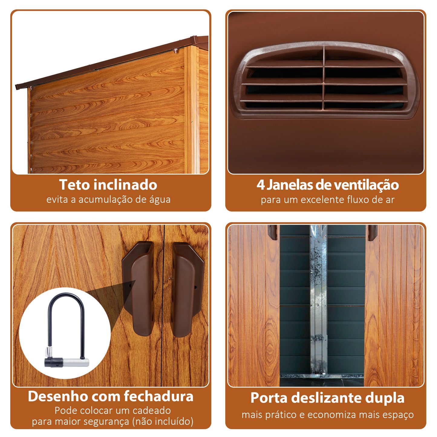 Outsunny Abrigo de Jardim Exterior 5,4 m² 278x195x215 cm Abrigo de Jardim Metálico com 2 Portas de Correr e 4 Janelas de Ventilação para Armazenamento de Ferramentas Madeira e Marrom