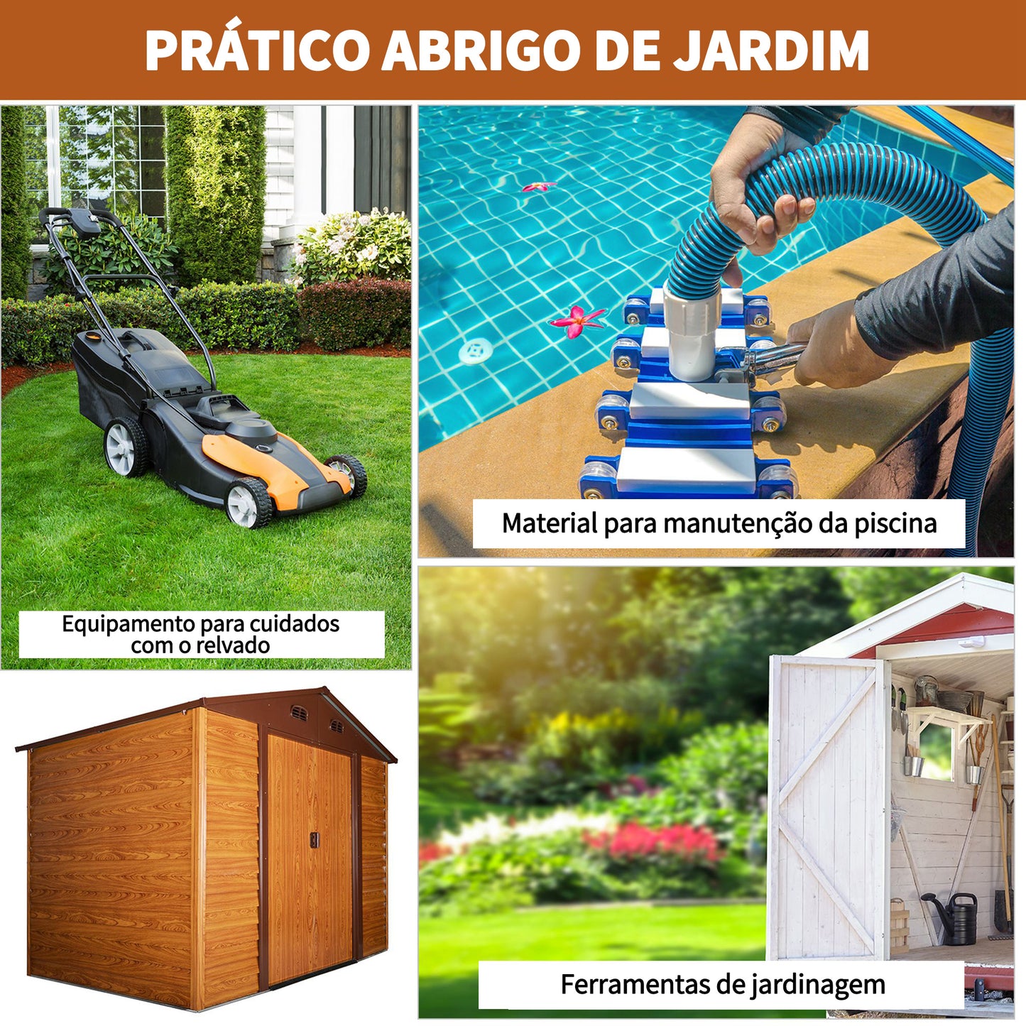 Outsunny Abrigo de Jardim Exterior 5,4 m² 278x195x215 cm Abrigo de Jardim Metálico com 2 Portas de Correr e 4 Janelas de Ventilação para Armazenamento de Ferramentas Madeira e Marrom