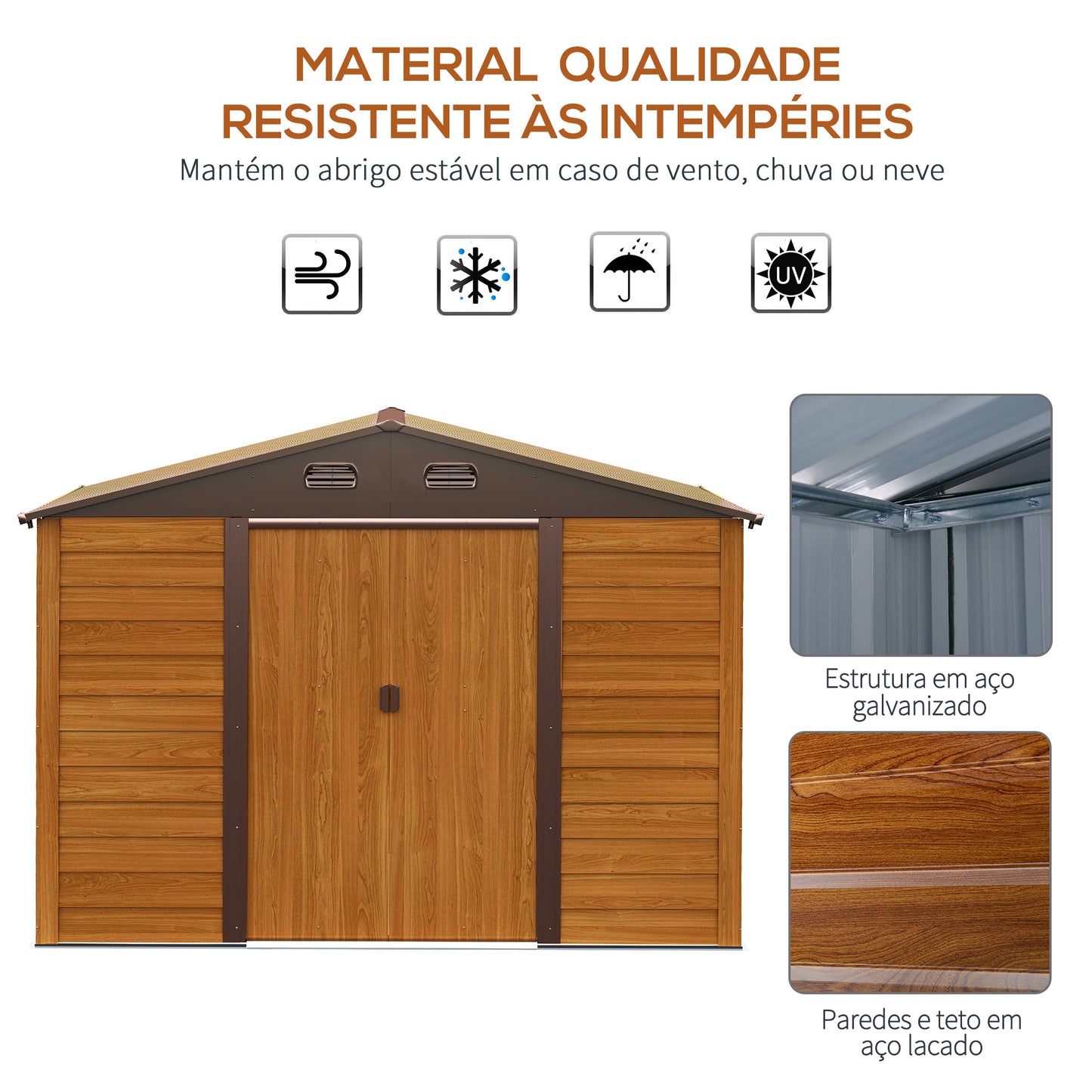 Outsunny Abrigo de Jardim Exterior 5,4 m² 278x195x215 cm Abrigo de Jardim Metálico com 2 Portas de Correr e 4 Janelas de Ventilação para Armazenamento de Ferramentas Madeira e Marrom