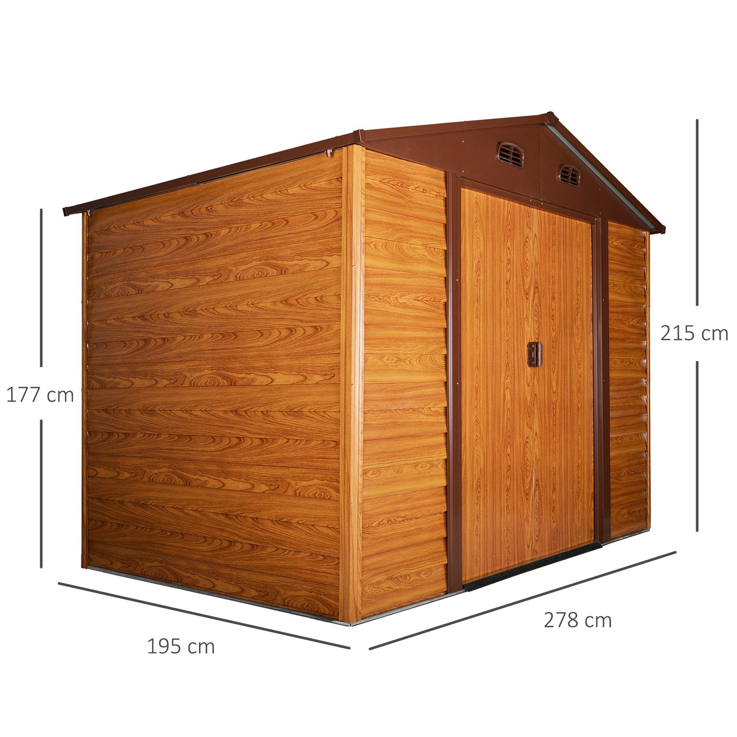 Outsunny Abrigo de Jardim Exterior 5,4 m² 278x195x215 cm Abrigo de Jardim Metálico com 2 Portas de Correr e 4 Janelas de Ventilação para Armazenamento de Ferramentas Madeira e Marrom