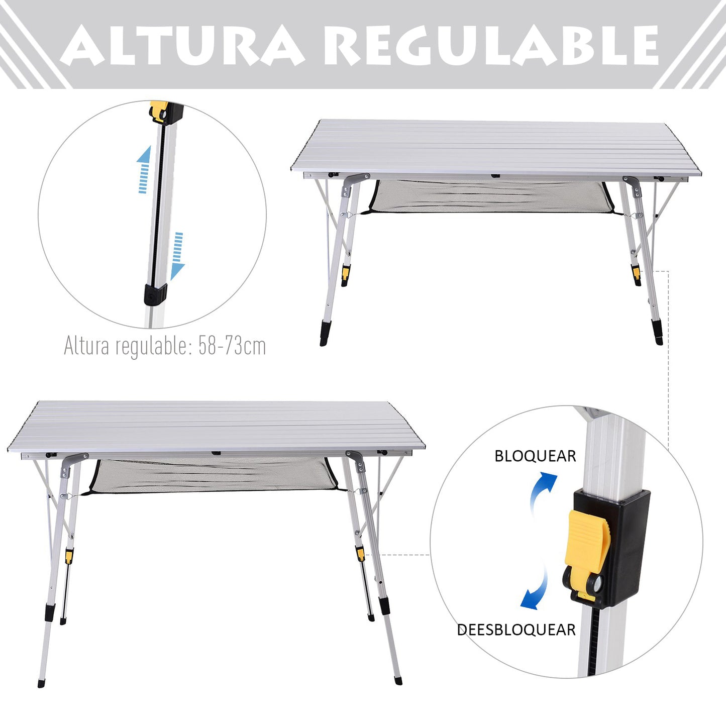 Outsunny Mesa de acampamento dobrável de alumínio Mesa de piquenique portátil com prateleira de altura ajustável e bolsa de transporte para acampamento, caminhada na praia 120x69x59-78 cm prata