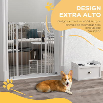 PawHut Barreira de Segurança para Cães com Porta Pequena Barreira para Animais de Estimação Extensível com Fechamento Automático e Sistema Duplo de Bloqueio 74-101x104,1 cm Branco