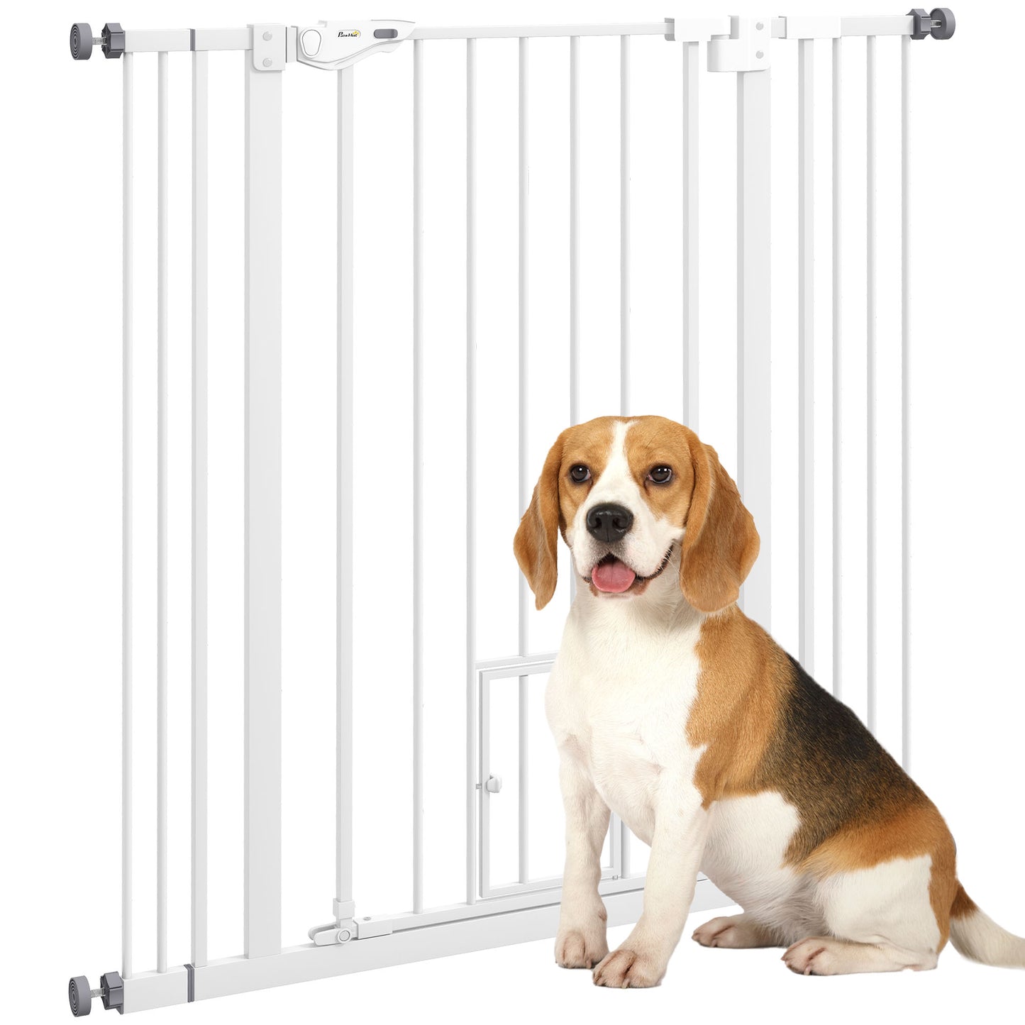 PawHut Barreira de Segurança para Cães com Porta Pequena Barreira para Animais de Estimação Extensível com Fechamento Automático e Sistema Duplo de Bloqueio 74-101x104,1 cm Branco