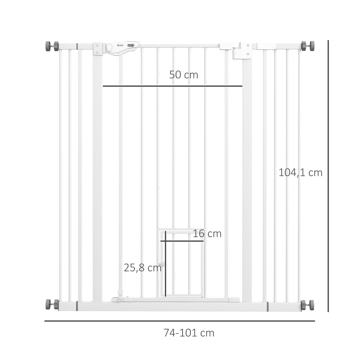 PawHut Barreira de Segurança para Cães com Porta Pequena Barreira para Animais de Estimação Extensível com Fechamento Automático e Sistema Duplo de Bloqueio 74-101x104,1 cm Branco