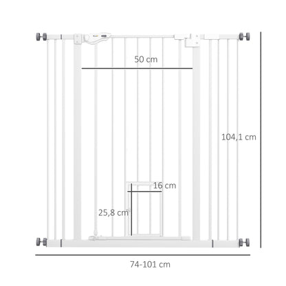 PawHut Barreira de Segurança para Cães com Porta Pequena Barreira para Animais de Estimação Extensível com Fechamento Automático e Sistema Duplo de Bloqueio 74-101x104,1 cm Branco