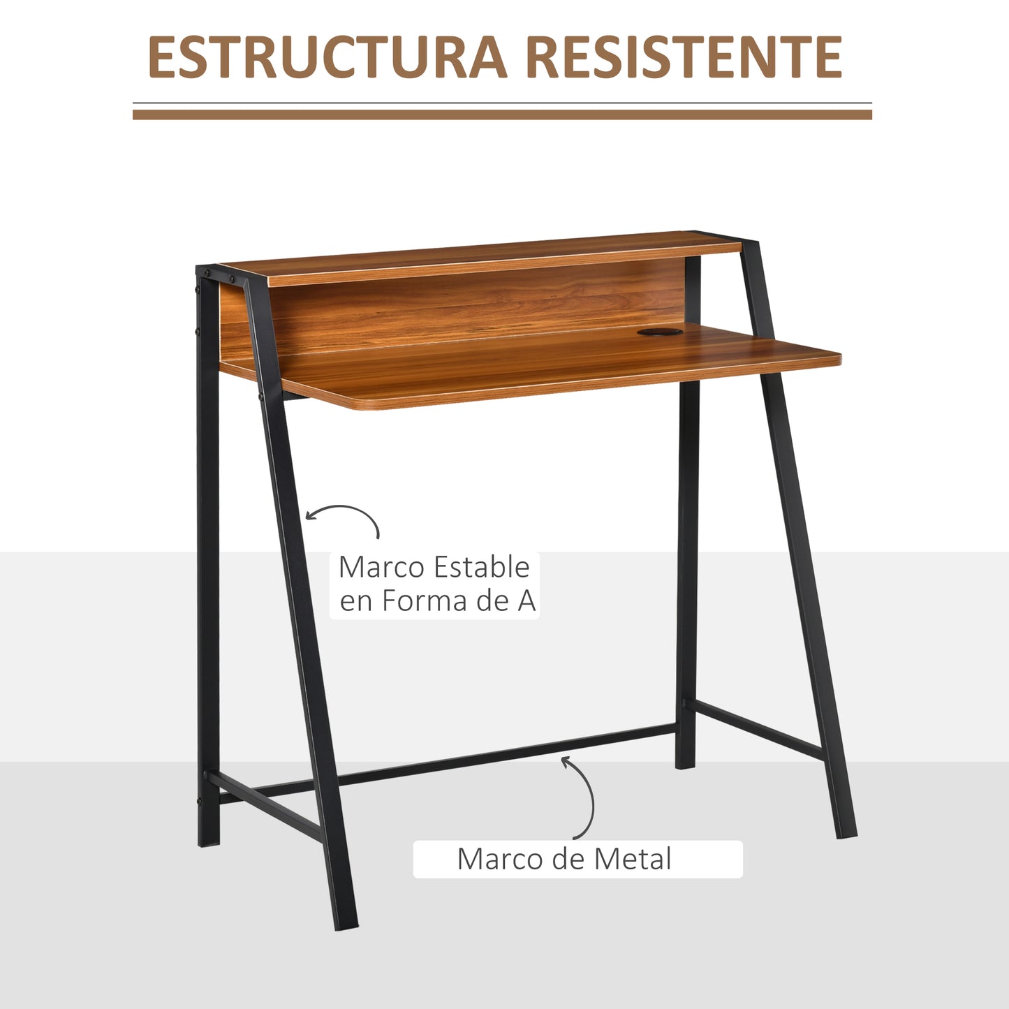 Secretária Mesa de Computador 84x45x85cm com Bancada de Madeira e Pés de Metal Estilo Moderno para Escritório Estúdio Dormitório Carga Máxima 20kg Nogueira e Preto