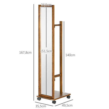 HOMCOM Espelho de Pé com Rodas Espelho de Corpo Inteiro com Barra para Pendurar Roupa e Prateleira Inferior para Dormitório Sala de Estar Corredor 35,5x49,5x167,8 cm Nogueira