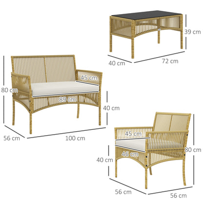 Outsunny Conjunto de Móveis de Jardim de Vime Conjunto de 4 Peças de Móveis de Varanda com 1 Sofá de 2 Lugares 2 Poltronas Almofadas e Mesa de Centro com Bancada de Vidro para Pátio Bege