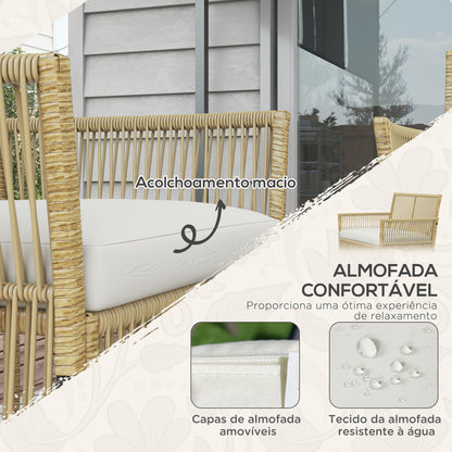 Outsunny Conjunto de Móveis de Jardim de Vime Conjunto de 4 Peças de Móveis de Varanda com 1 Sofá de 2 Lugares 2 Poltronas Almofadas e Mesa de Centro com Bancada de Vidro para Pátio Bege