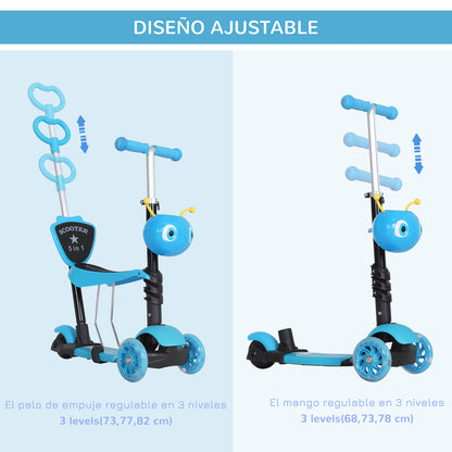 HOMCOM trotinete 5 em 1 para crianças de acima de1 ano trotinete de 3 rodas com assento removível guiador ajustável 62x25x72,5 cm azul