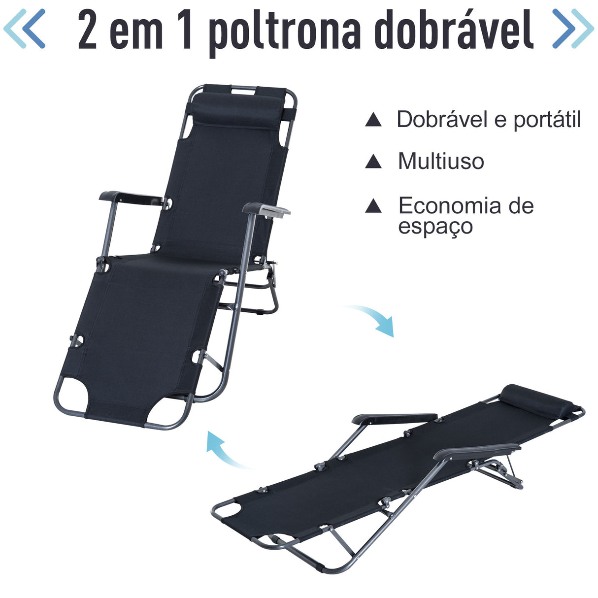 Outsunny Conjunto de 2 Espreguiçadeiras Reclináveis e Dobráveis com Encosto Ajustável Apoio de Braço Almofada e Apoio para os Pés para Jardim Carga 136 kg 135x60x89 cm Preto