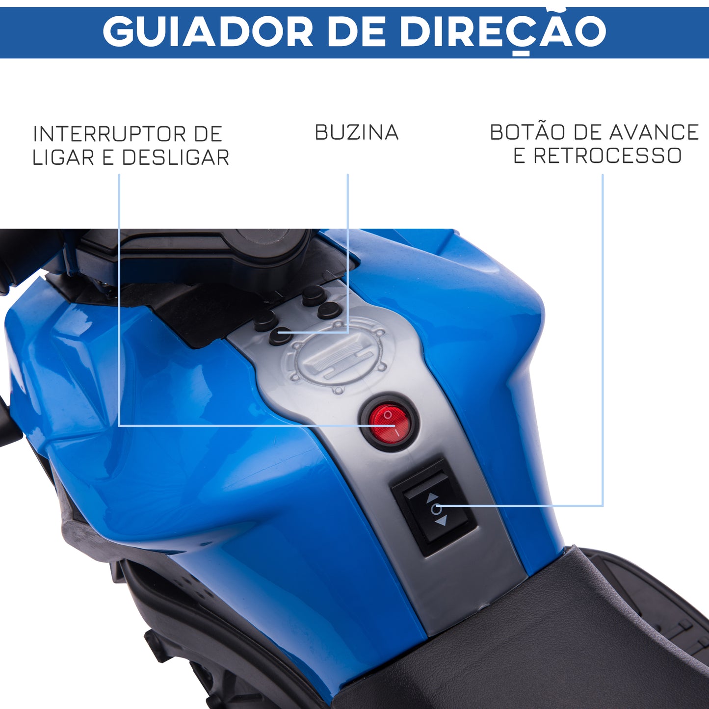 HOMCOM Mota Elétrica para Crianças a partir de 18 Meses 6V com Faróis Buzina 2 Rodas de Equilibrio Velocidade Máx. de 3km/h Motocicleta de Brinquedo 88,5x42,5x49 cm Azul