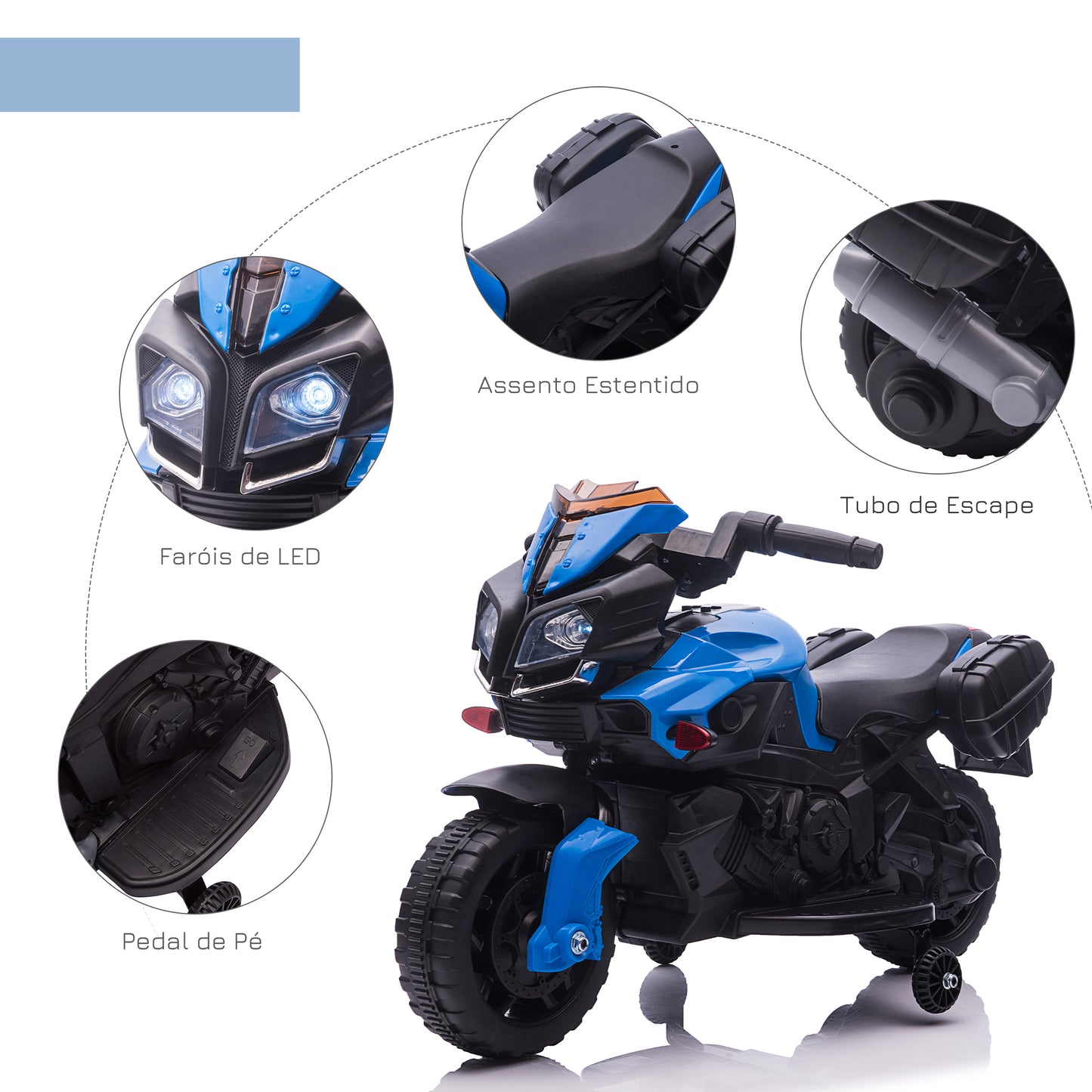 HOMCOM Mota Elétrica para Crianças a partir de 18 Meses 6V com Faróis Buzina 2 Rodas de Equilibrio Velocidade Máx. de 3km/h Motocicleta de Brinquedo 88,5x42,5x49 cm Azul