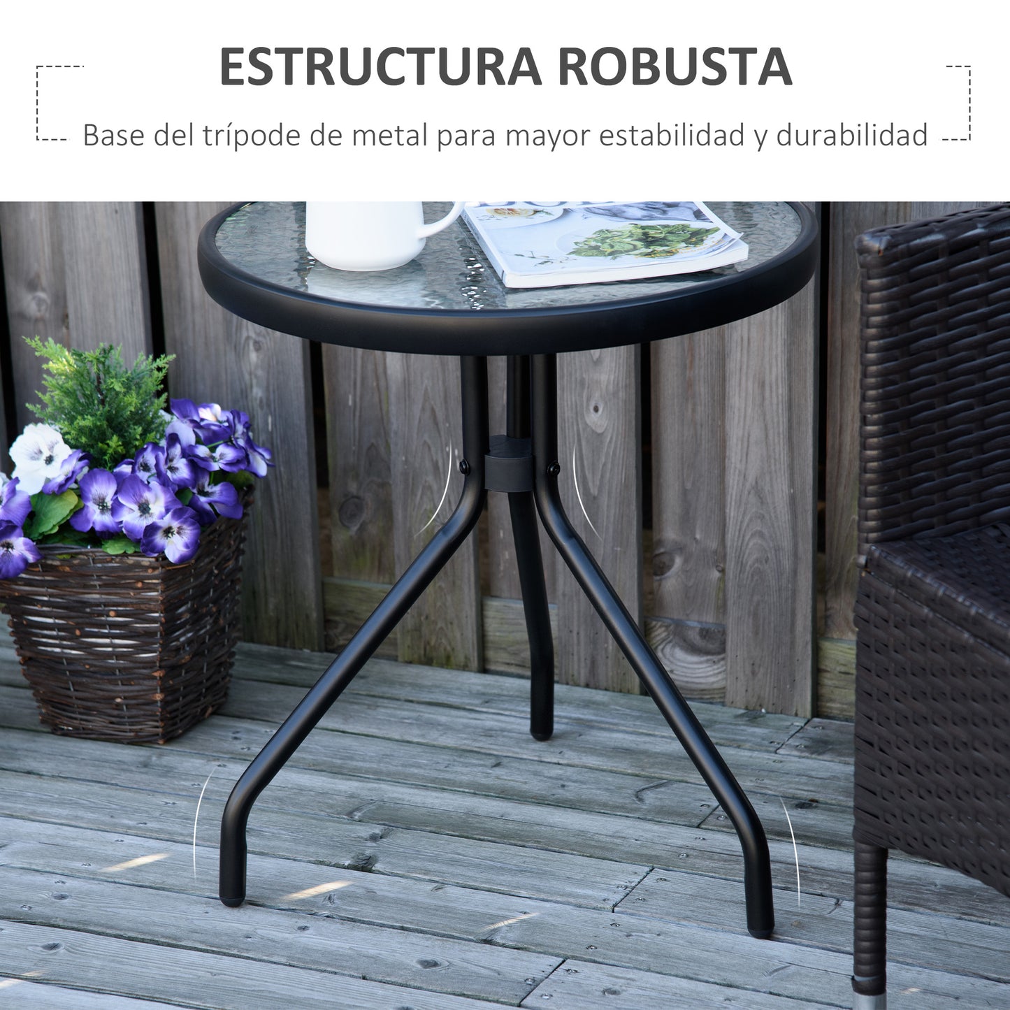 Outsunny Mesa de Jardim Redonda Mesa de Exterior com Bancada de Cristal Decorativo e Estrutura de Metal para Pátio Terraço Balcão Ø50x55 cm Preto