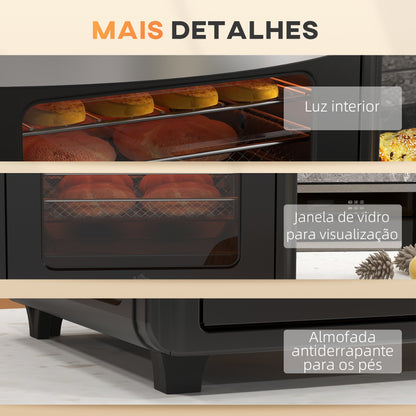 HOMCOM Mini Forno Elétrico Multifuncional Mini Forno Elétrico de 30L 1600W Mini Forno de Convecção com 7 Modos Temporizador e Temperatura Ajustável 43x39x39 cm Preto