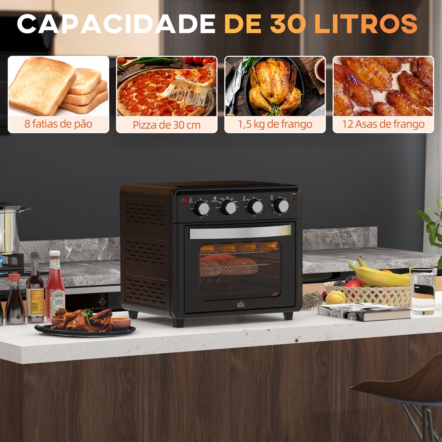 HOMCOM Mini Forno Elétrico Multifuncional Mini Forno Elétrico de 30L 1600W Mini Forno de Convecção com 7 Modos Temporizador e Temperatura Ajustável 43x39x39 cm Preto