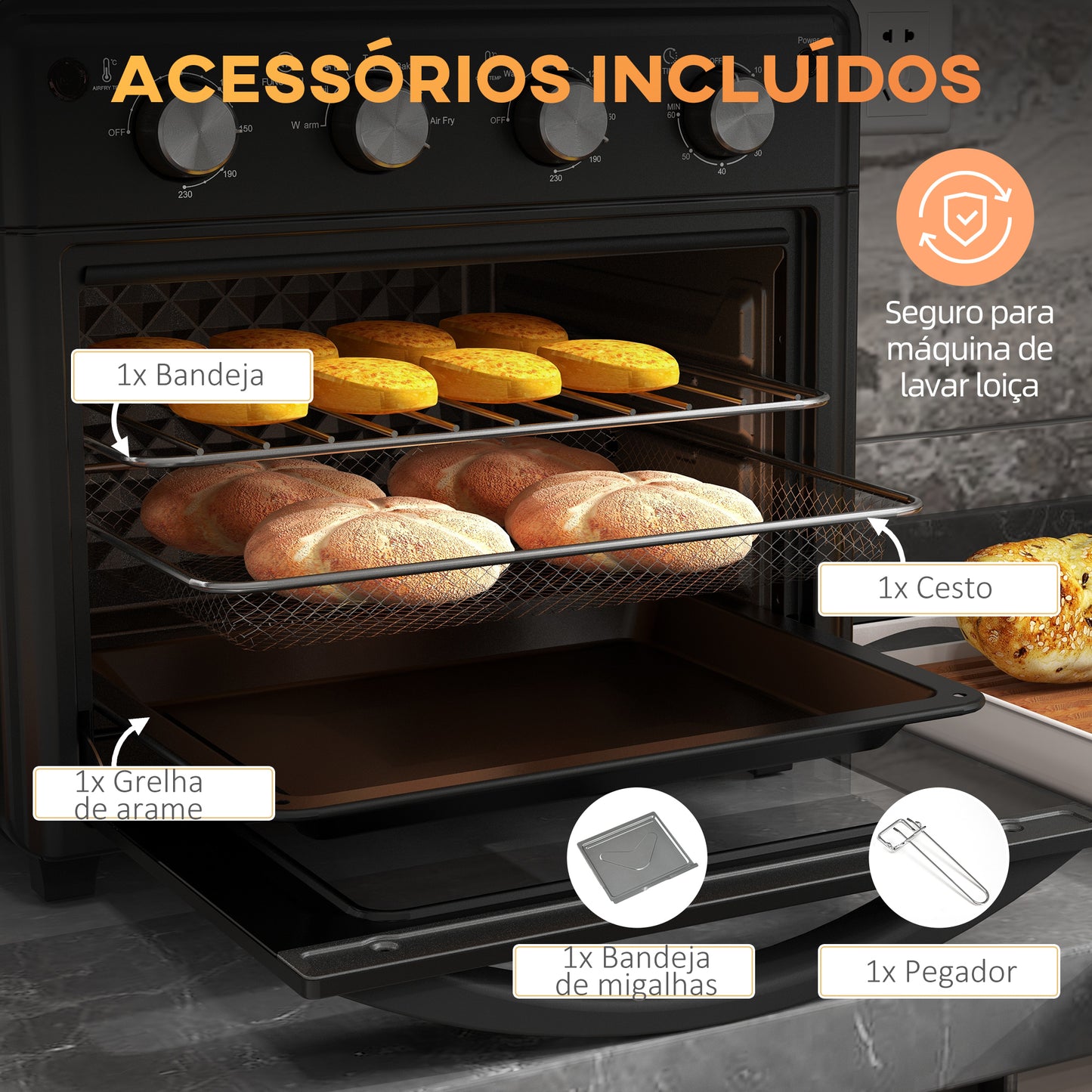 HOMCOM Mini Forno Elétrico Multifuncional Mini Forno Elétrico de 30L 1600W Mini Forno de Convecção com 7 Modos Temporizador e Temperatura Ajustável 43x39x39 cm Preto