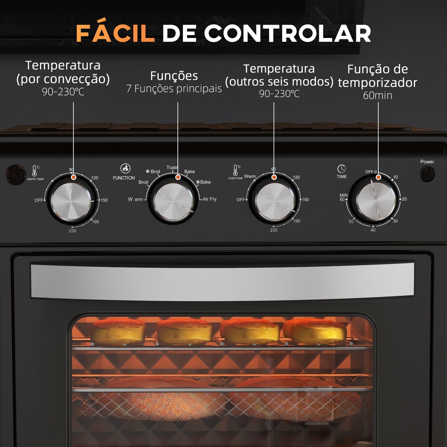 HOMCOM Mini Forno Elétrico Multifuncional Mini Forno Elétrico de 30L 1600W Mini Forno de Convecção com 7 Modos Temporizador e Temperatura Ajustável 43x39x39 cm Preto