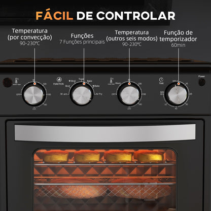 HOMCOM Mini Forno Elétrico Multifuncional Mini Forno Elétrico de 30L 1600W Mini Forno de Convecção com 7 Modos Temporizador e Temperatura Ajustável 43x39x39 cm Preto