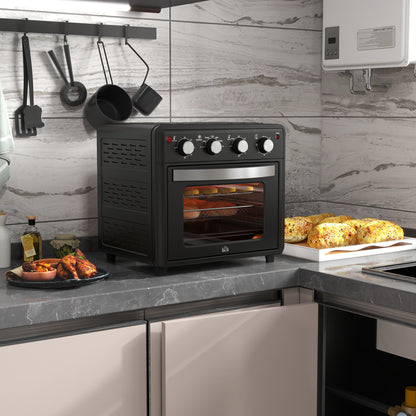 HOMCOM Mini Forno Elétrico Multifuncional Mini Forno Elétrico de 30L 1600W Mini Forno de Convecção com 7 Modos Temporizador e Temperatura Ajustável 43x39x39 cm Preto