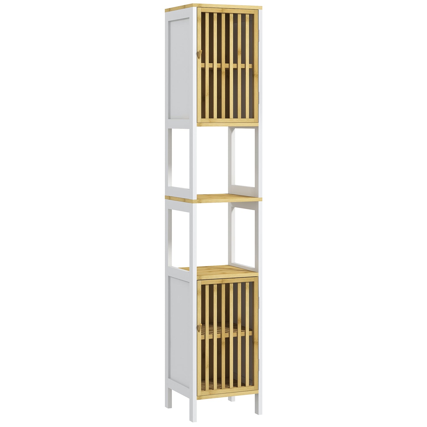 HOMCOM Coluna de Casa de Banho Armário Alto de Casa de Banho com 2 Estantes Abertos 2 Armários com Portas de Ripas e Prateleiras Ajustáveis 32x30x172 cm Branco