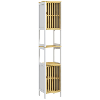 HOMCOM Coluna de Casa de Banho Armário Alto de Casa de Banho com 2 Estantes Abertos 2 Armários com Portas de Ripas e Prateleiras Ajustáveis 32x30x172 cm Branco