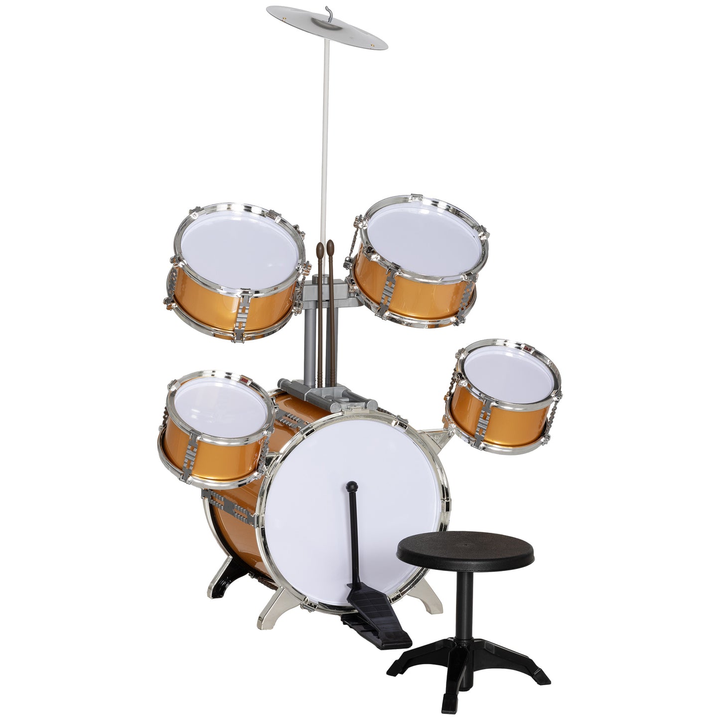 AIYAPLAY Bateria Infantil Bateria para Crianças acima de 3 Anos com Tambores Bombo Prato Pedal e Baquetas 65x36x76 cm Dourado