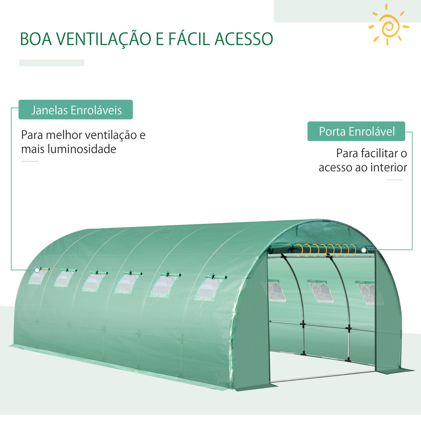 Outsunny Cobertura de Estufa de Túnel 6x3x2m Cobertura de Substituição de Estufa Polietileno com 12 Janelas e Portas Enroláveis Proteção de Plantas para Jardim Verde