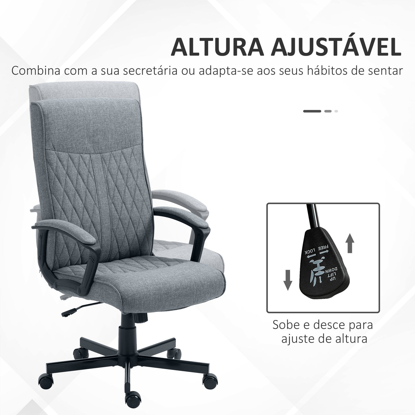 Vinsetto Cadeira de Escritório Giratória 360° Cadeira de Escritório com Encosto Alto Altura Ajustável e Função de Inclinação para Escritório Carga 120kg 65x65x102-112,5cm Cinza Escuro