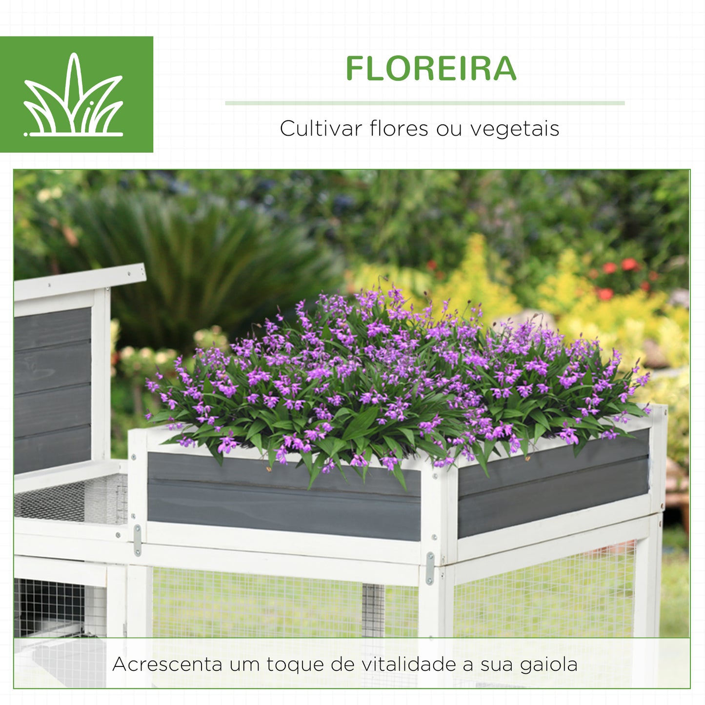 PawHut Galinheiro de Madeira Exterior Gaiola para 2 Galinhas com Cerca de Arame Tetos Asfálticos Abatíveis Ninho Bandeja Removível Rampa e Mesa de Cultivo 191,5x80x90cm Cinza