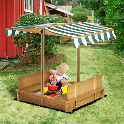 Outsunny Caixa de Areia para Crianças de Madeira Caixa de Areia Infantil com Toldo Ajustável em Altura 2 Bancos e Encostos Removíveis para Pátio Jardim 106x106x121 cm Natural