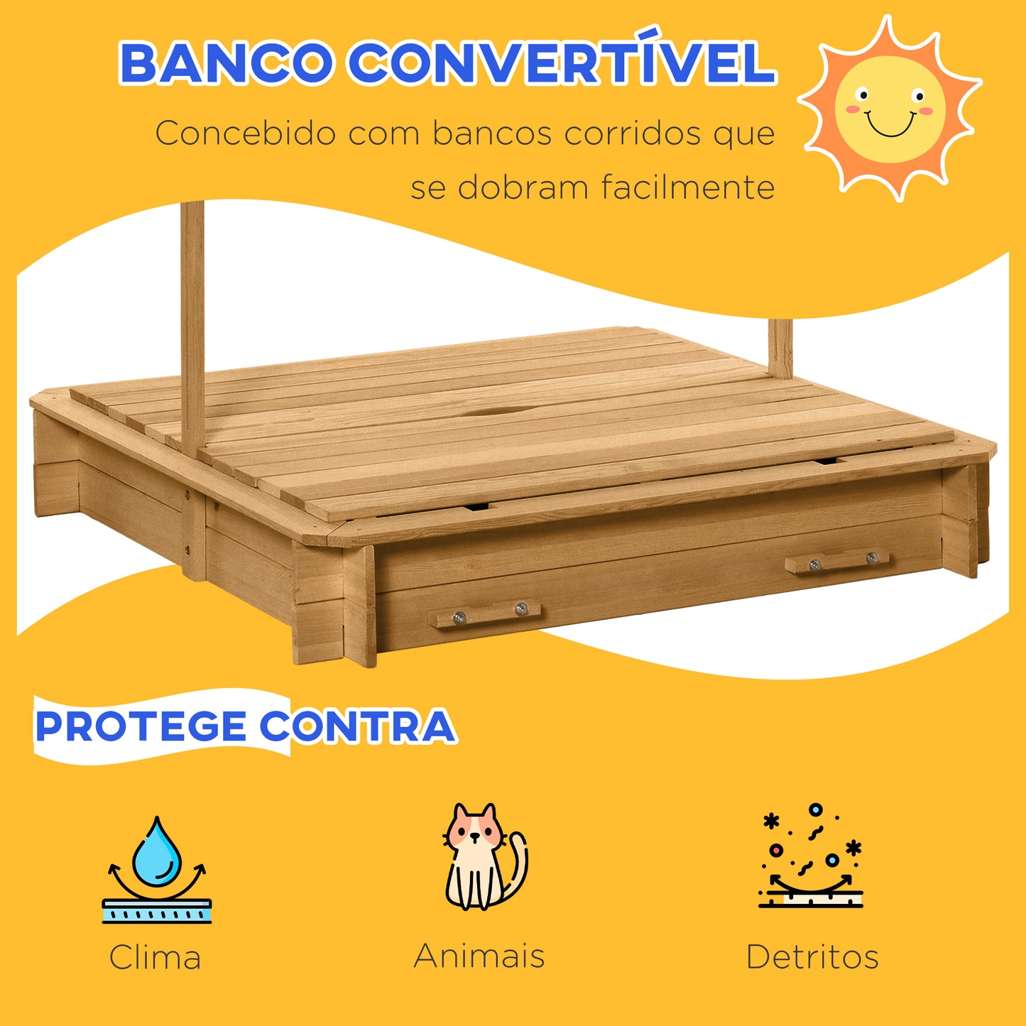 Outsunny Caixa de Areia para Crianças de Madeira Caixa de Areia Infantil com Toldo Ajustável em Altura 2 Bancos e Encostos Removíveis para Pátio Jardim 106x106x121 cm Natural