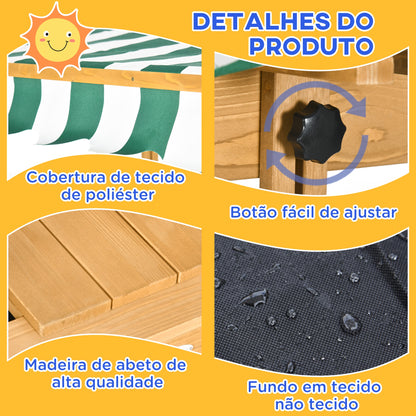 Outsunny Caixa de Areia para Crianças de Madeira Caixa de Areia Infantil com Toldo Ajustável em Altura 2 Bancos e Encostos Removíveis para Pátio Jardim 106x106x121 cm Natural