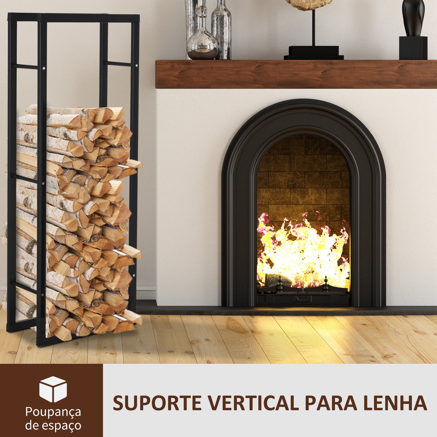 Suporte para Lenha de Metal Porta Lenha Metálico para Interior e Exterior Carga Máxima 100 kg 60x25x150 cm Preto