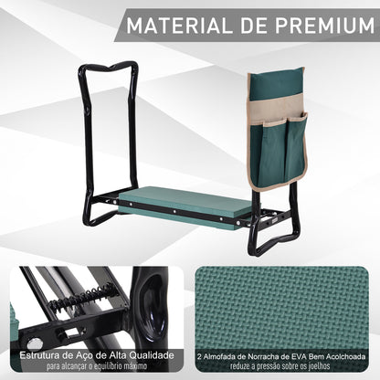 Outsunny Banco de Jardim Dobrável com Bolsa para Ferramentas Almofada de Proteção para Joelhos Assento de Jardim com Joelheira Altura Ajustável 58x28x49cm Verde e Preto