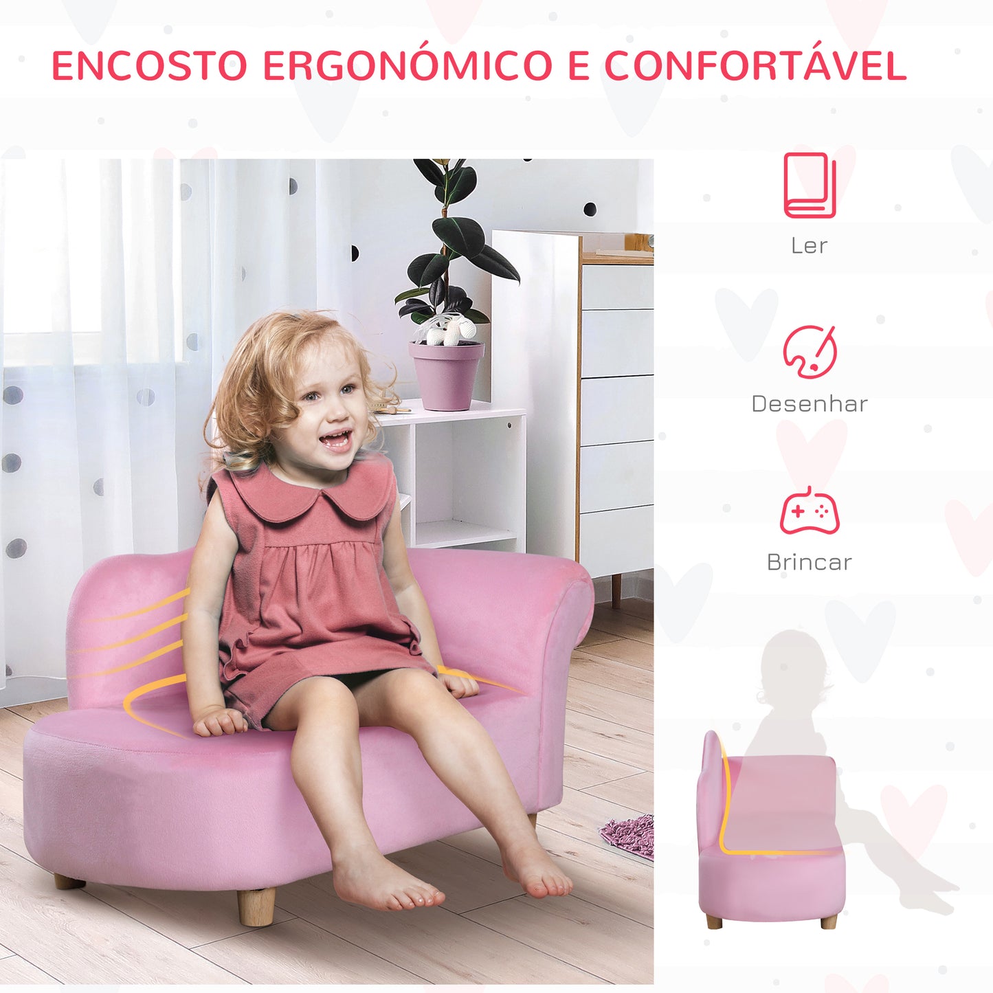 HOMCOM Sofá para Crianças de 3-5 Anos Mini Sofá Estofado em Poliéster com Assento Acolchoado Carga Máxima 50 kg 80x40x49 cm Rosa