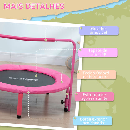 ZONEKIZ Trampolim Infantil 3 em 1 Trampolim para Crianças de 1-6 Anos com Corrimão Amovível Mini Trampolim para Interior Ø96x74cm Rosa