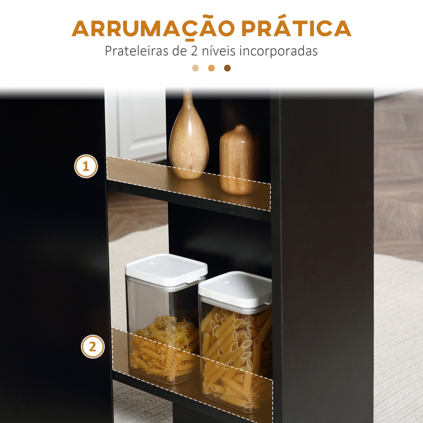 Mesa de Cozinha Dobrável Atman - Preto - Com 2 Prateleiras e Laterais Dobráveis - Design Moderno