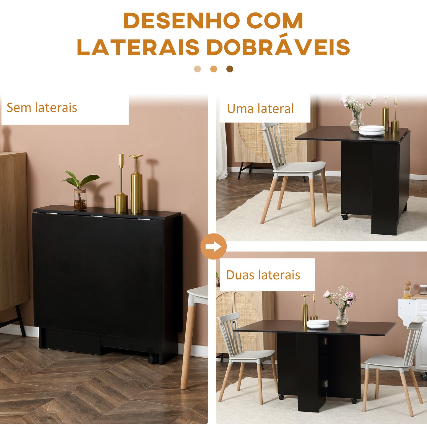 Mesa de Cozinha Dobrável Atman - Preto - Com 2 Prateleiras e Laterais Dobráveis - Design Moderno