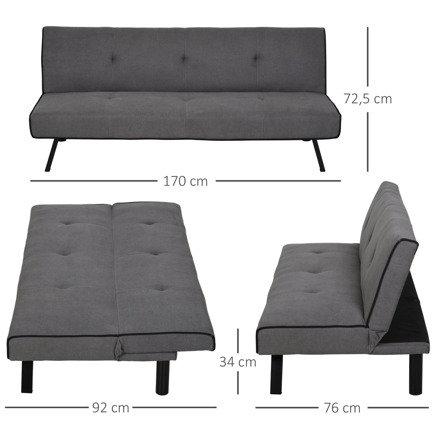 Sofá-cama 3 lugares projeto 2 em 1 Dobrável sem apoio de braços Estofamento em tecido Com toque aveludado Pernas levantadas Estofamento confortável 170x76x72,5 cm Cinza