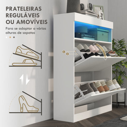 HOMCOM Móvel Sapateira de Entrada Armário Sapateira com Luzes LED Prateleira Aberta e 2 Gavetas Basculantes para 12-16 Pares de Sapatos 80x24x99,5 cm Branco Brilhante