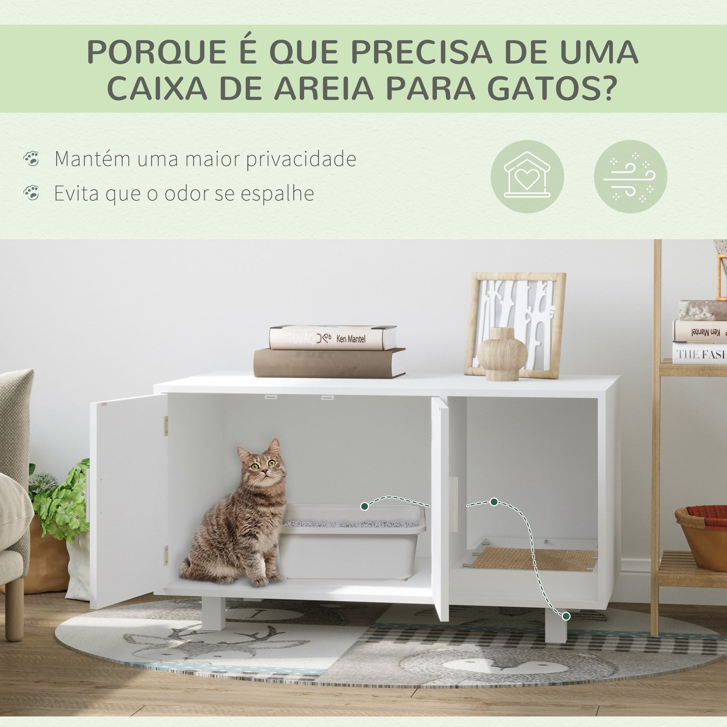 PawHut Móvel Caixa de Areia para Gatos com Porta com Arranhador Caixa de Areia para Gatos de Interior 91x52x50,5 cm Branco