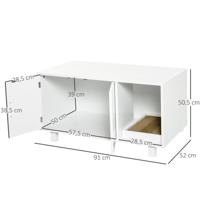 PawHut Móvel Caixa de Areia para Gatos com Porta com Arranhador Caixa de Areia para Gatos de Interior 91x52x50,5 cm Branco