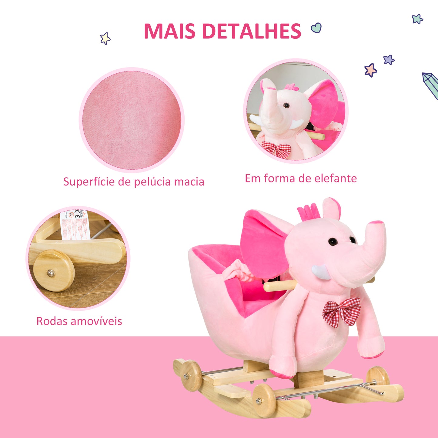 Cavalo Baloiço com Rodas e Forma de Elefante Cavalo Baloiço para Bebés acima de 18 Meses com Músicas Infantis e Cinto de Segurança Carga Máxima 60 kg 60x35x45 cm Rosa